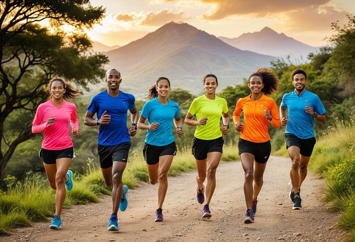A diverse group of runners of various ethnicities, energetically sprinting together on a scenic trail surrounded by lush greenery and mountain views, showcasing camaraderie and determination. Include a vibrant sunset in the background to symbolize global unity in running. The image should feature motivational training gear like colorful sneakers and water bottles. super-realistic. vibrant colors. 3D.
