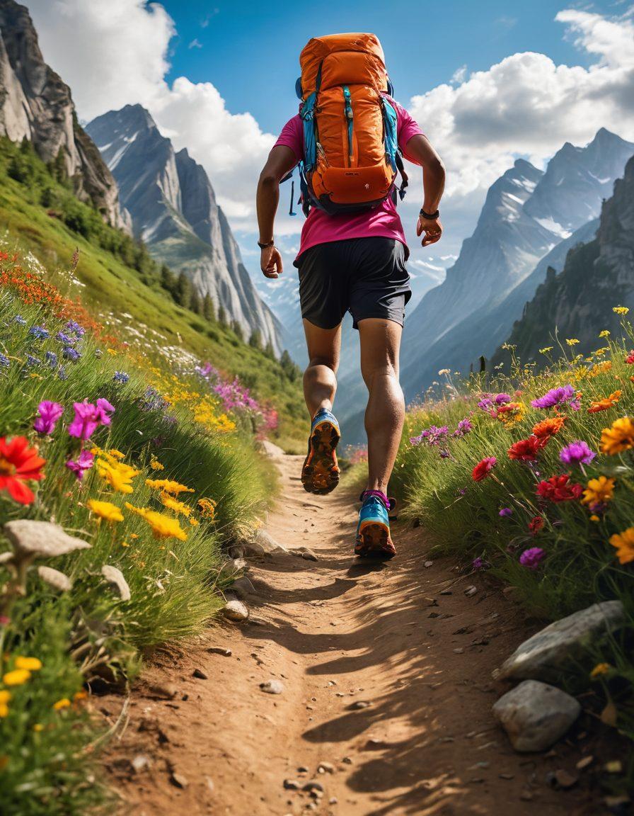 A scenic mountain landscape featuring a diverse group of runners of various ethnicities navigating a vibrant trail, surrounded by lush greenery and wildflowers. Showcase high-performance running gear and colorful footwear to illustrate global running supplies. The sky is bright and inspiring, symbolizing potential and adventure. Include elements like trail markers, hydration packs, and energy bars for context. Ideal for a fitness-focused blog. super-realistic. vibrant colors. 3D.