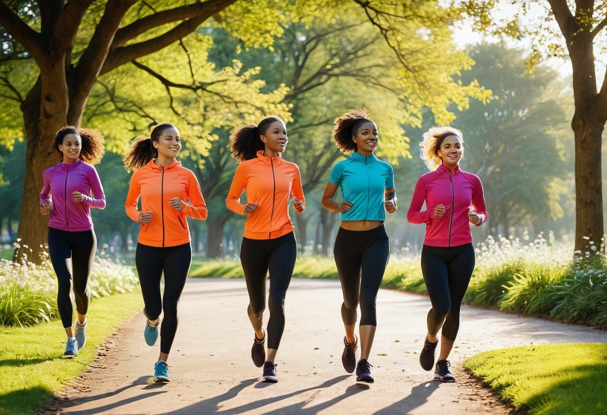 A dynamic scene showcasing a diverse group of people jogging in a picturesque park at sunrise, wearing colorful, high-quality jogging gear. Include fitness accessories like smartwatches and water bottles scattered around, with trees and blossoming flowers in the background to represent vitality. Emphasize movement and energy in their expressions, creating an inspiring atmosphere. vibrant colors. super-realistic.